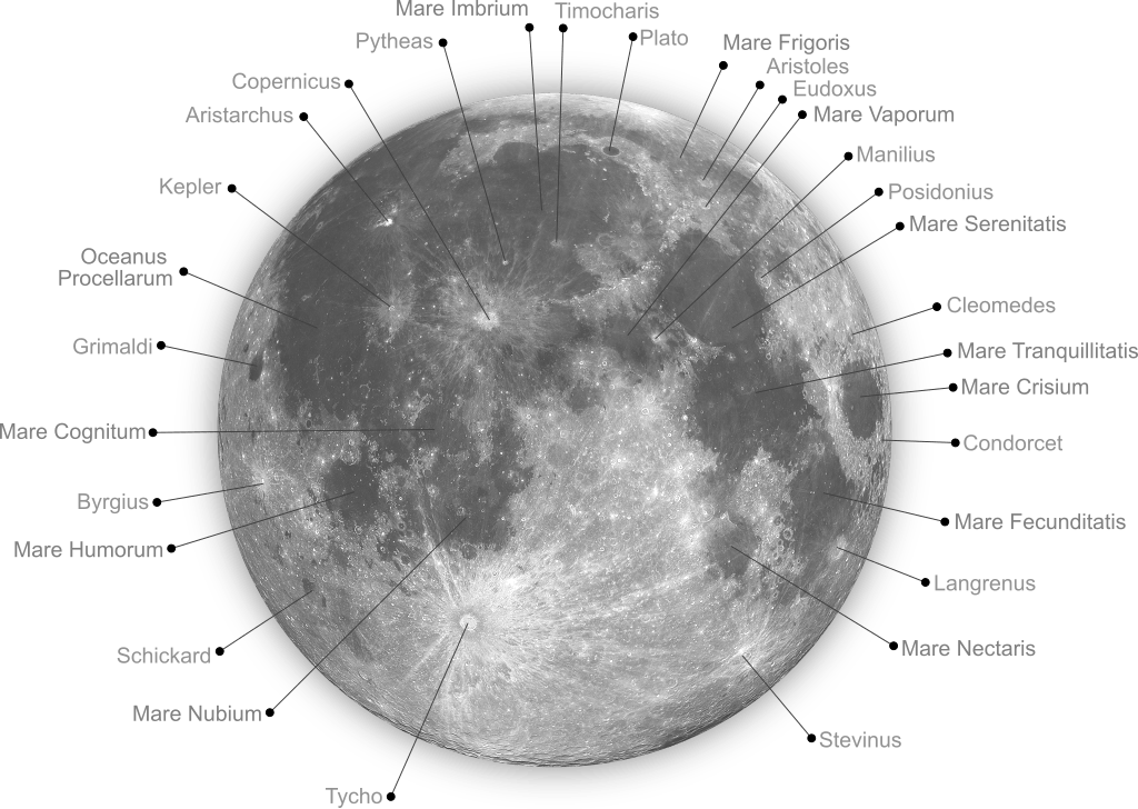 A detailed lunar map showing major features visible through amateur telescopes. Photo credit: Gregory H. Revera. Wikimedia Commons.